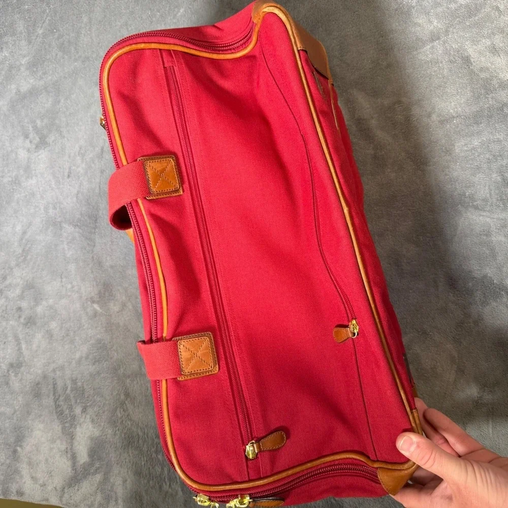 Lands End Red Canvas Duffle Bag Leather Trim Travel Carry On Weekender Luggage